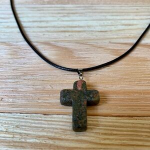Unakite Hand Carved Stone Cross Religious Jewelry Green Pink Healing Crystal 20"